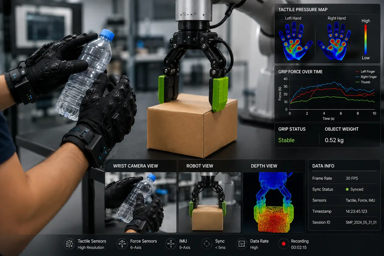 Tactile-sensor gloves grasping a bottle beside a robot gripper, with pressure map and grip force telemetry