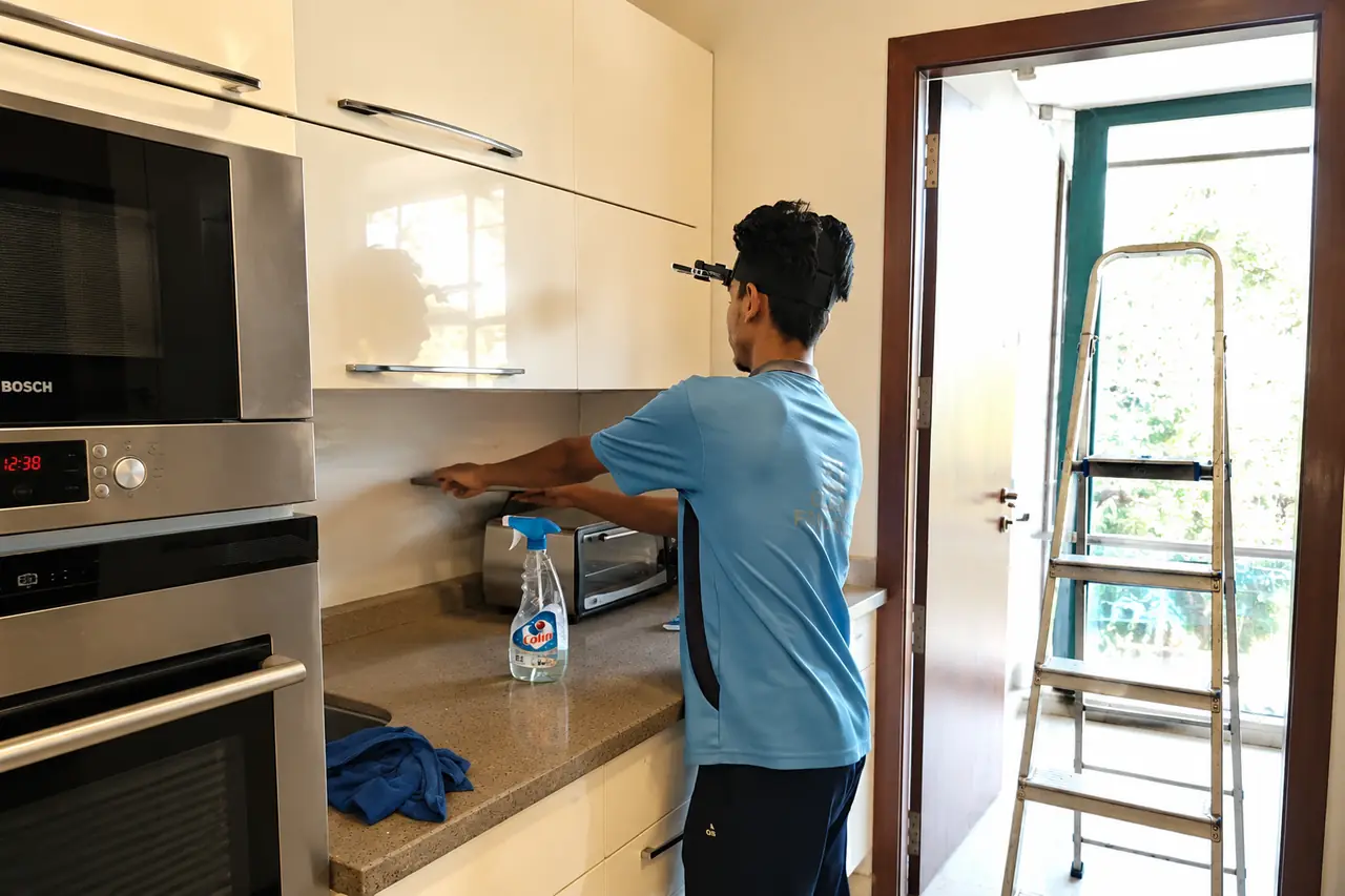 Operator in a head-mounted camera cleaning under a kitchen cabinet