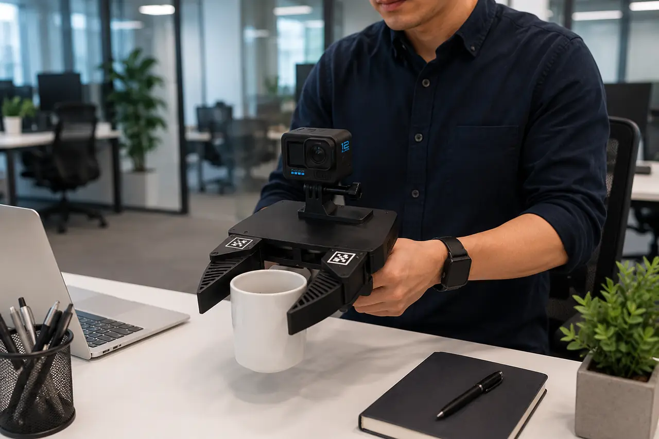 Operator holding a GoPro-mounted UMI gripper picking up a mug at an office desk