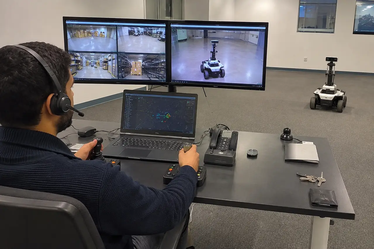 Teleoperator with a headset driving a mobile robot from a multi-monitor control desk